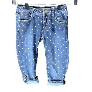 Candie's Girl Denim Capri Jeans Blue / White Hearts Adjustable Waist Sz 8 Cotton